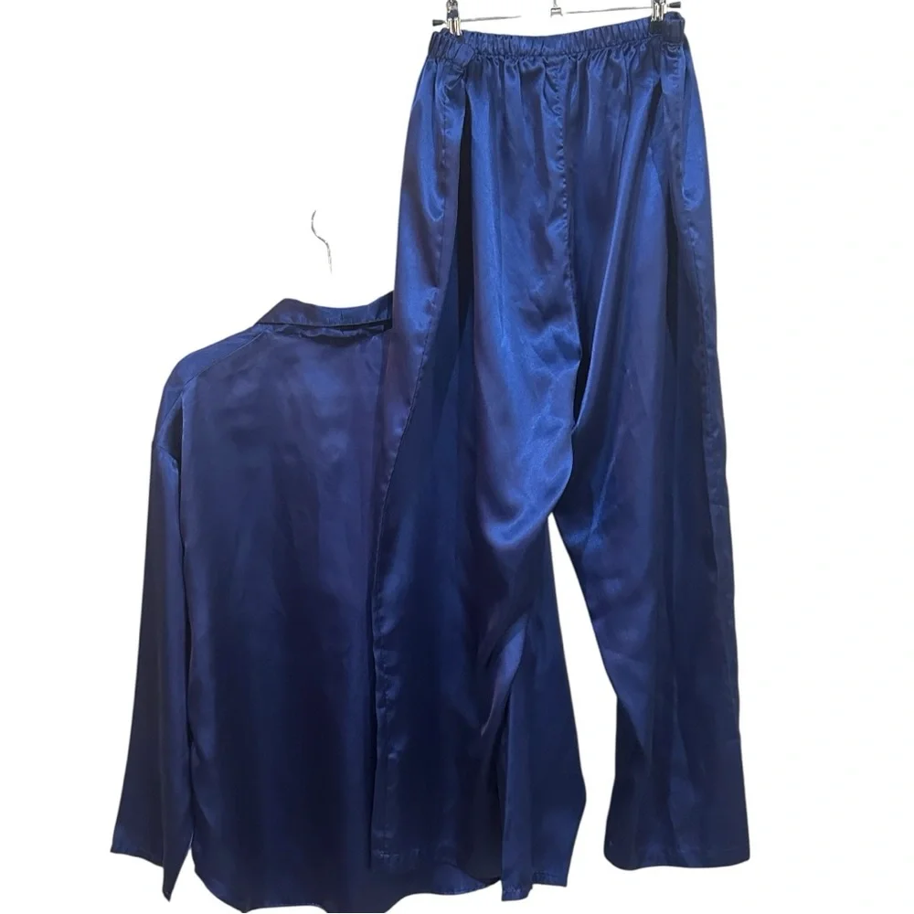 Navy Blue Satin 2-pc Pajama Set | Long Sleeve Top & Full-Length Pants 1X